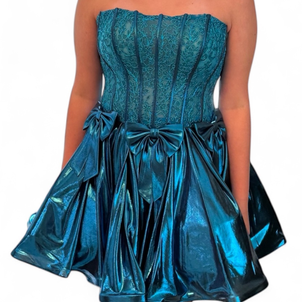 Jovani Teal Strapless Maxi Dress